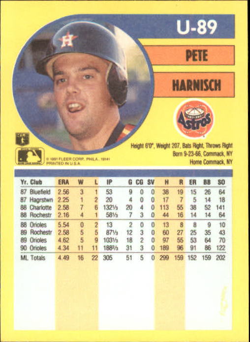 1991 Fleer Update #U89 Pete Harnisch back image