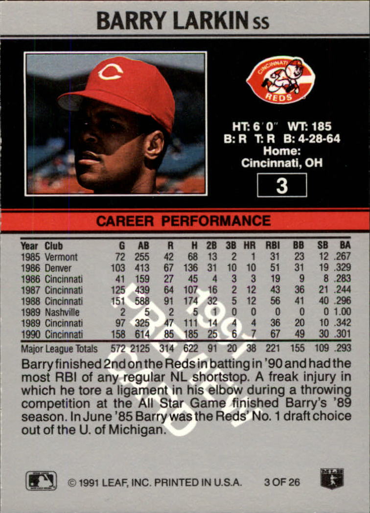 1991 Leaf Previews #3 Barry Larkin back image