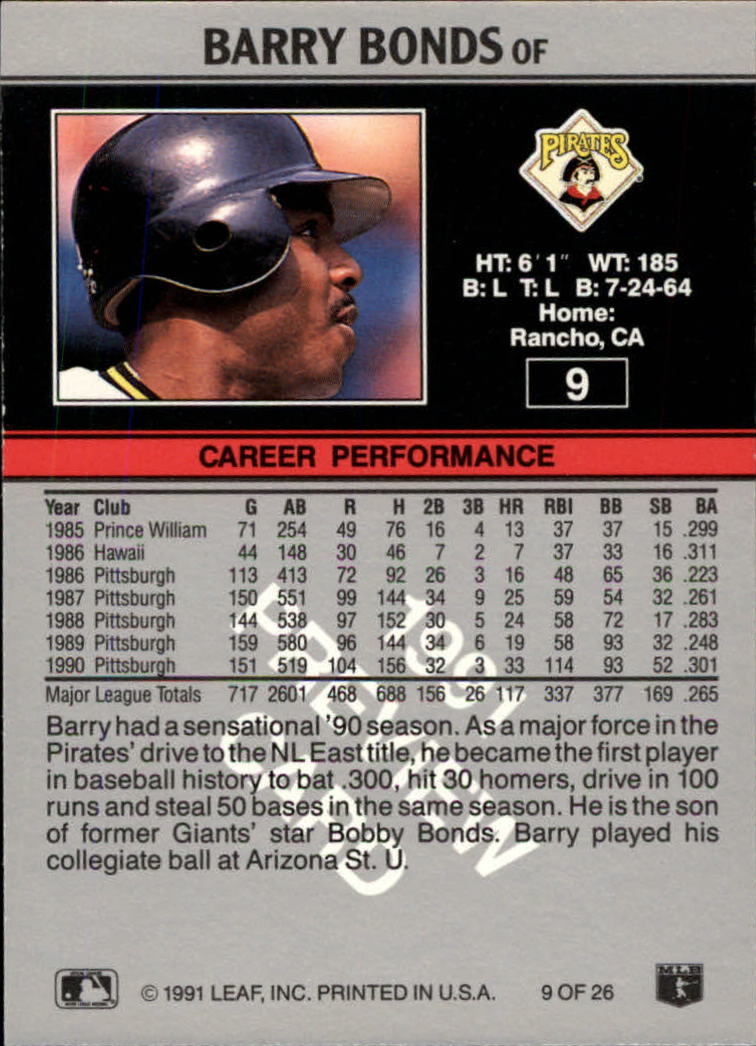 1991 Leaf Previews #9 Barry Bonds back image