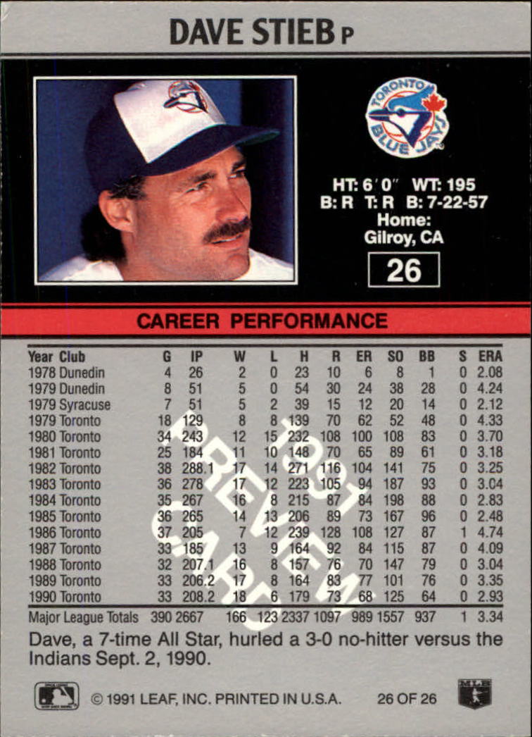 1991 Leaf Previews #26 Dave Stieb back image