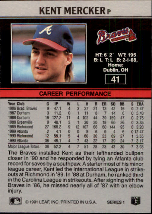 1991 Leaf #41 Kent Mercker back image