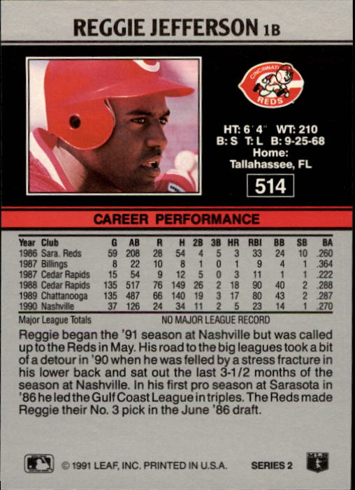 1991 Leaf #514 Reggie Jefferson back image