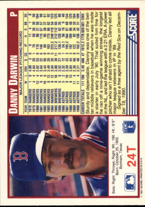 1991 Score Rookie/Traded #24T Danny Darwin back image