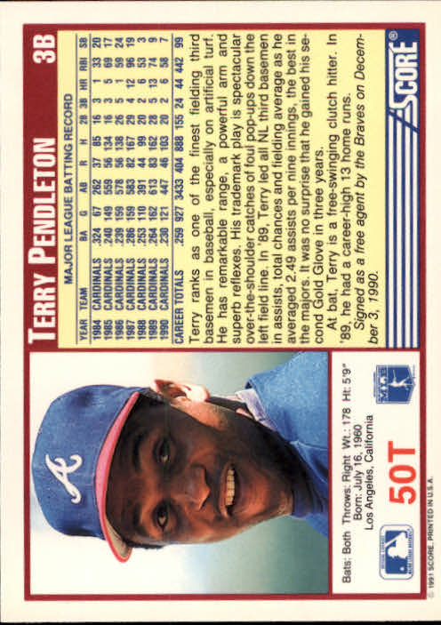 1991 Score Rookie/Traded #50T Terry Pendleton back image