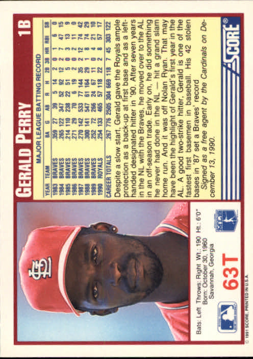 1991 Score Rookie/Traded #63T Gerald Perry back image