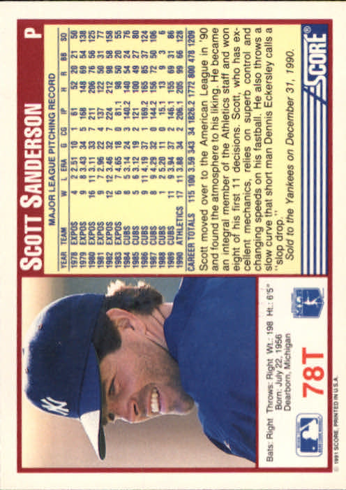 1991 Score Rookie/Traded #78T Scott Sanderson back image