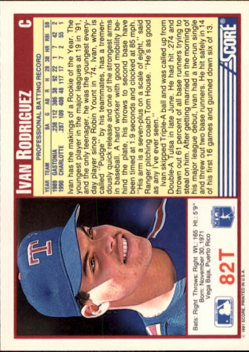 1991 Score Rookie/Traded #82T Ivan Rodriguez RC back image