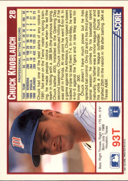 1991 Score Rookie/Traded #93T Chuck Knoblauch back image
