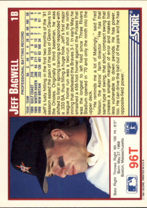 1991 Score Rookie/Traded #96T Jeff Bagwell RC back image