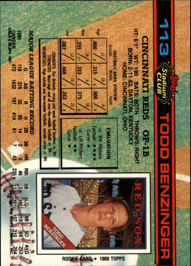 1991 Stadium Club #113 Todd Benzinger back image