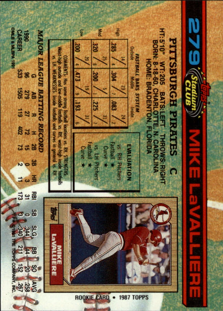 1991 Stadium Club #279 Mike LaValliere back image