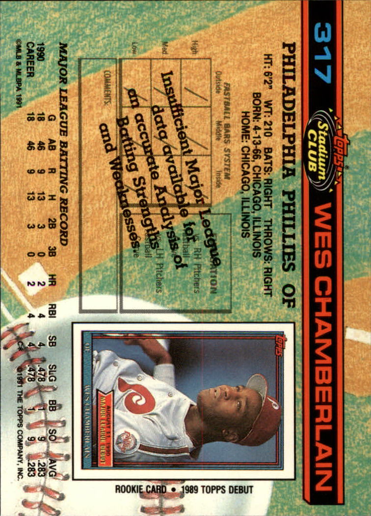 1991 Stadium Club #317 Wes Chamberlain RC UER/Card listed as 1989/Debut card, should be 1990 back image