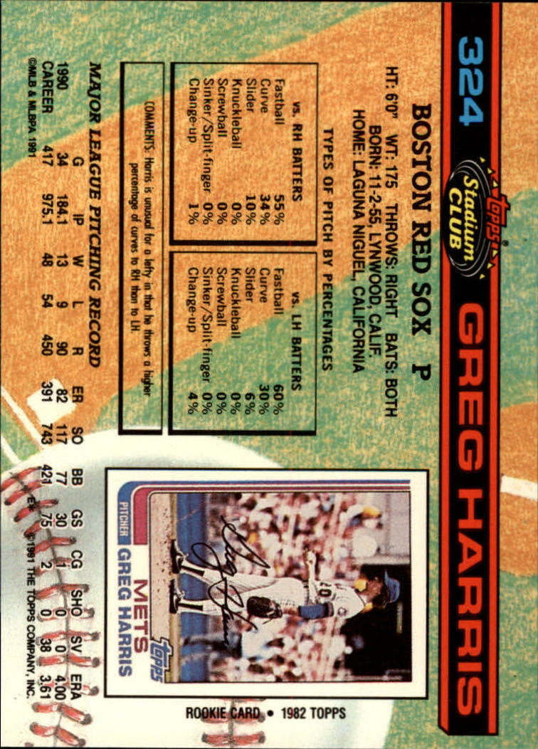 1991 Stadium Club #324 Greg Harris back image