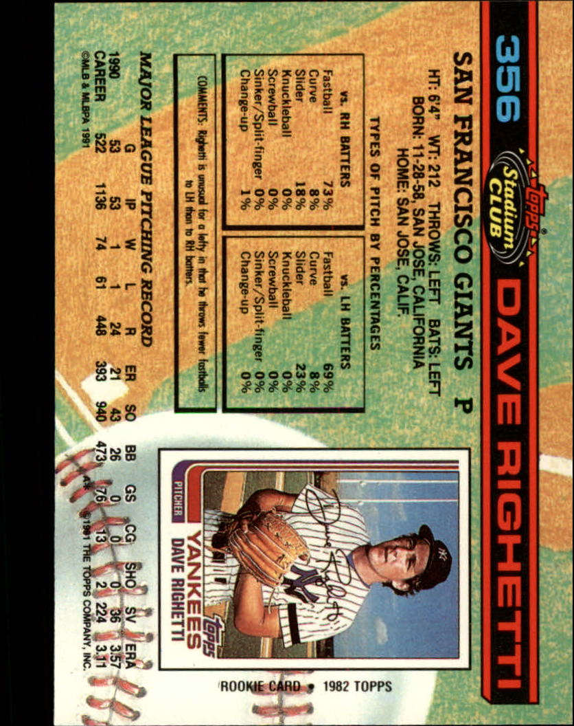 1991 Stadium Club #356 Dave Righetti back image