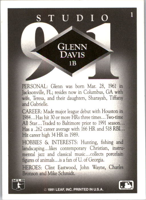 1991 Studio #1 Glenn Davis back image