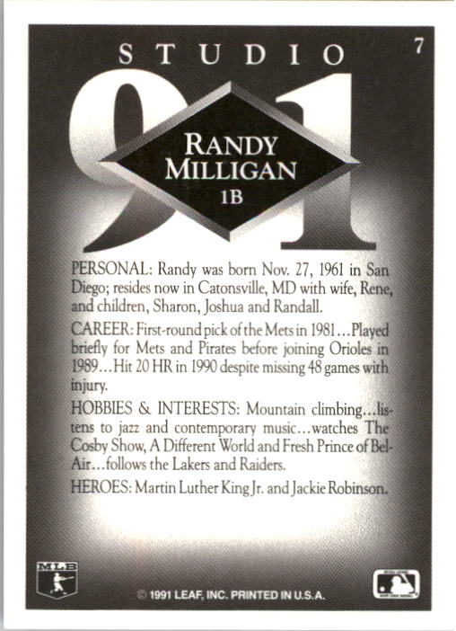1991 Studio #7 Randy Milligan back image
