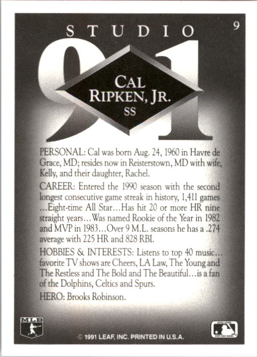1991 Studio #9 Cal Ripken back image