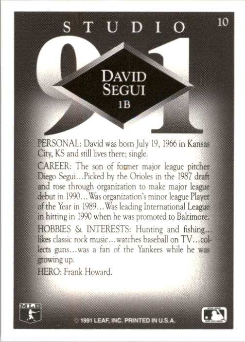 1991 Studio #10 David Segui back image