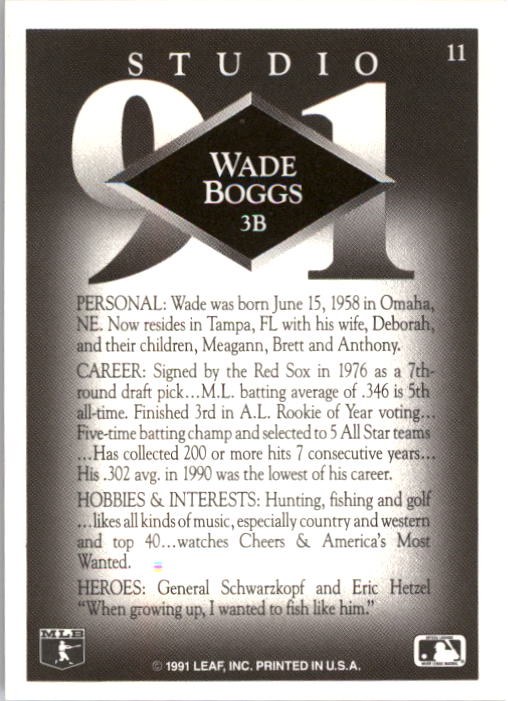 1991 Studio #11 Wade Boggs back image