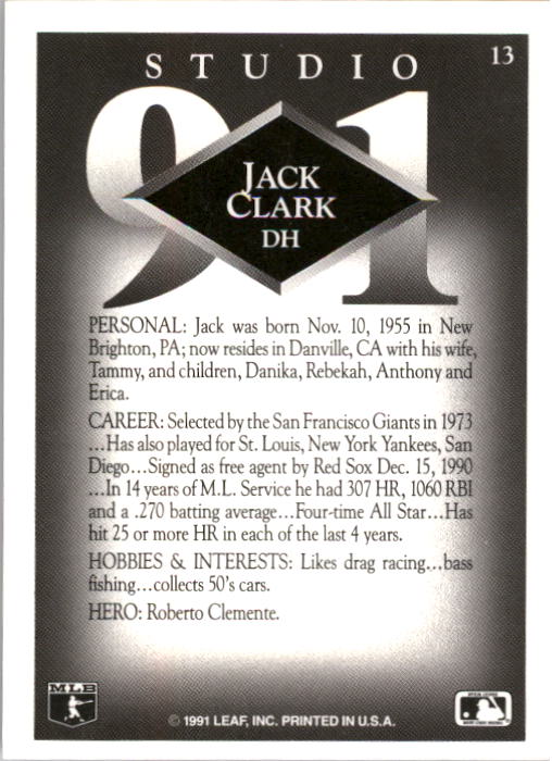 1991 Studio #13 Jack Clark back image