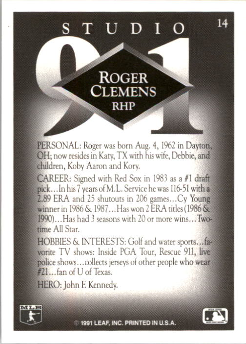 1991 Studio #14 Roger Clemens back image