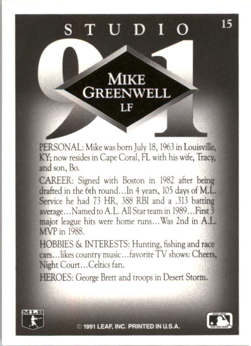 1991 Studio #15 Mike Greenwell back image
