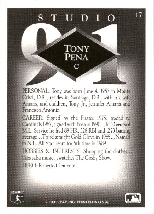 1991 Studio #17 Tony Pena back image