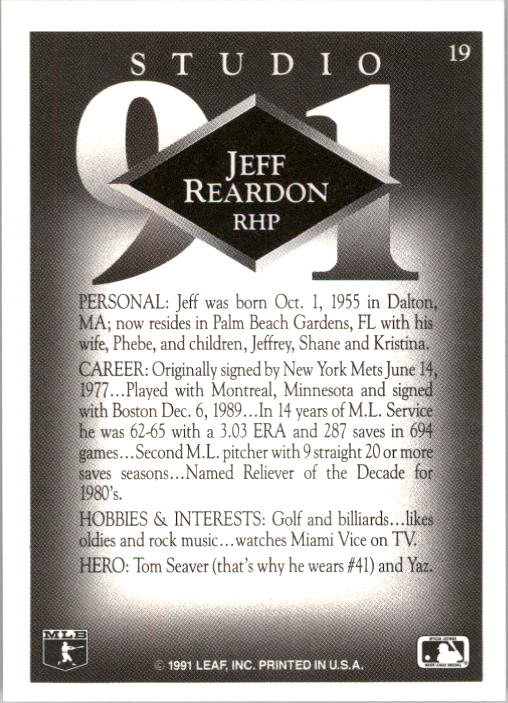 1991 Studio #19 Jeff Reardon back image