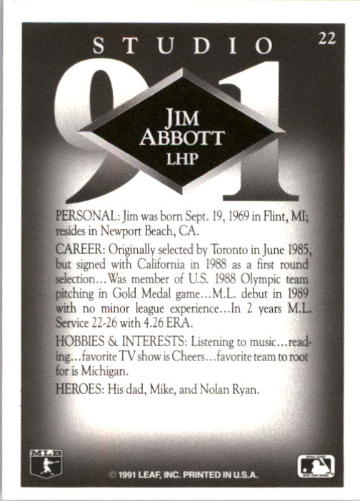 1991 Studio #22 Jim Abbott UER/Born in 1967, not 1969 back image