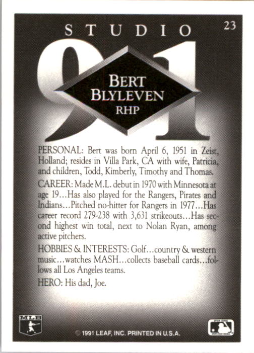 1991 Studio #23 Bert Blyleven back image