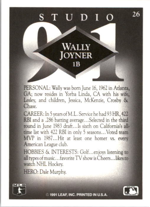 1991 Studio #26 Wally Joyner back image