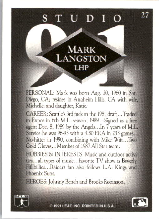 1991 Studio #27 Mark Langston back image