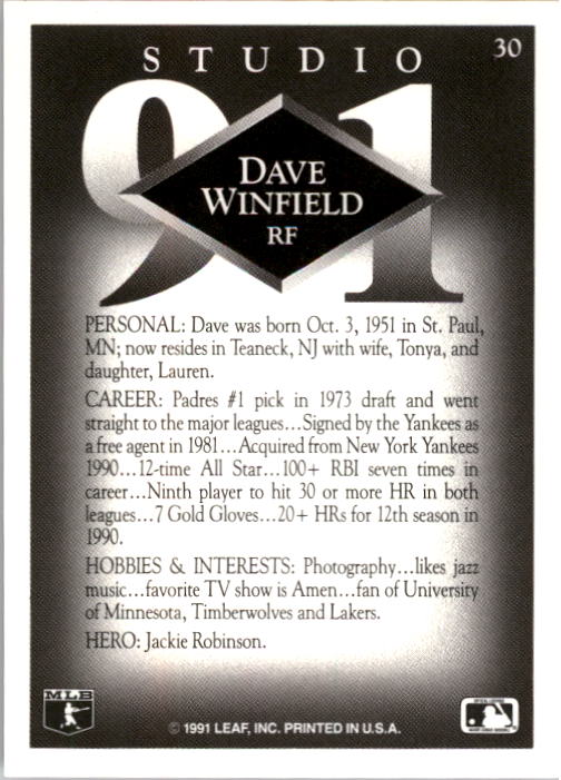 1991 Studio #30 Dave Winfield back image