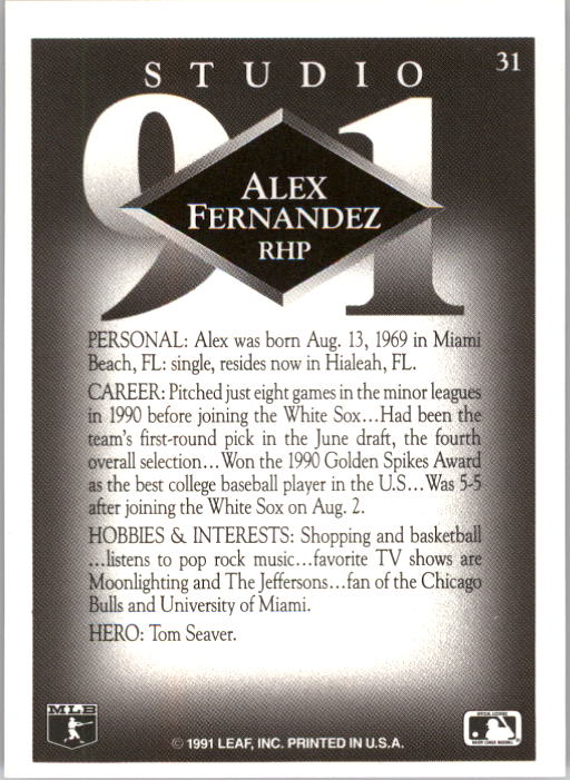 1991 Studio #31 Alex Fernandez back image