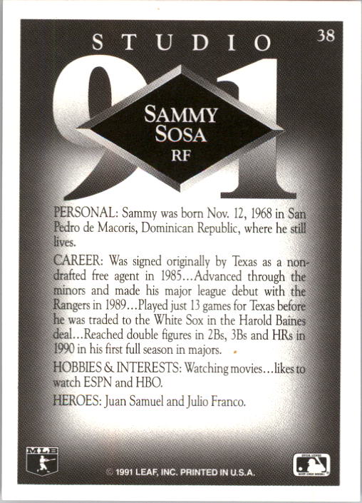 1991 Studio #38 Sammy Sosa back image