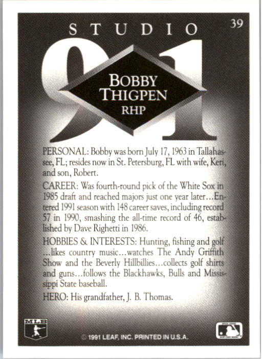 1991 Studio #39 Bobby Thigpen back image