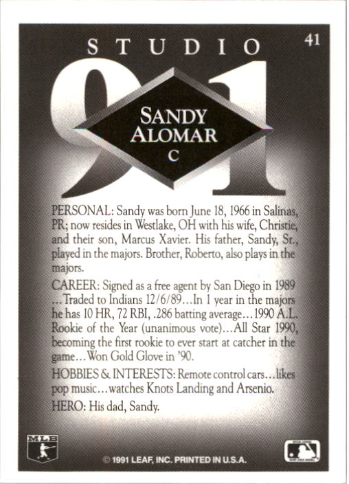 1991 Studio #41 Sandy Alomar Jr. back image