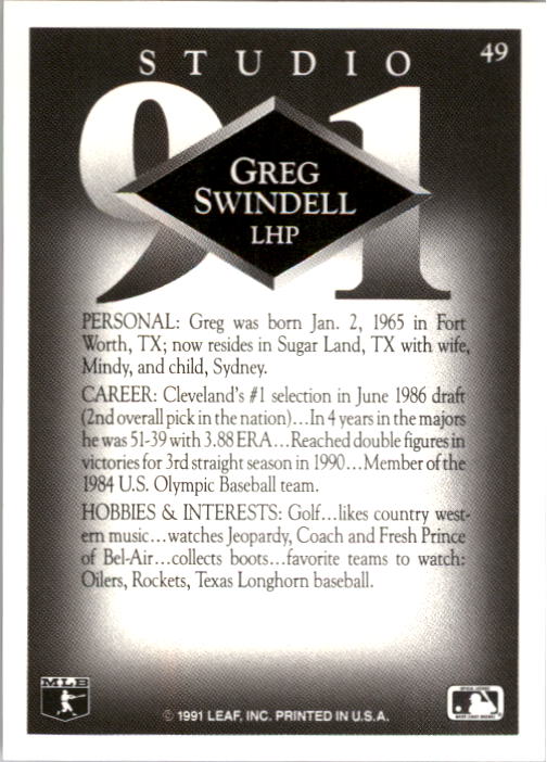 1991 Studio #49 Greg Swindell UER/Photo actually/Turner Ward back image