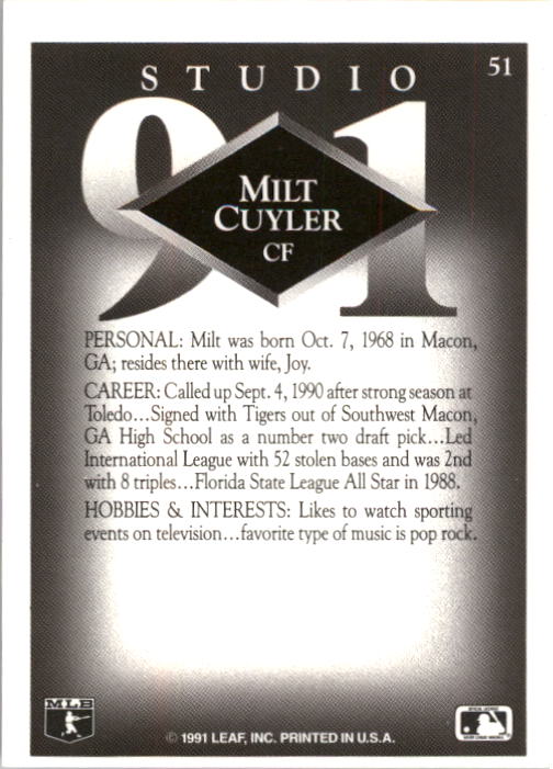 1991 Studio #51 Milt Cuyler back image