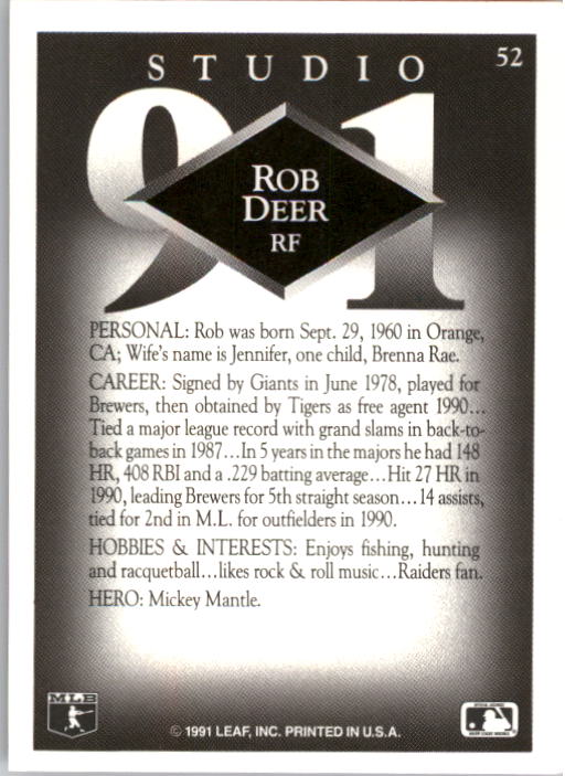 1991 Studio #52 Rob Deer back image