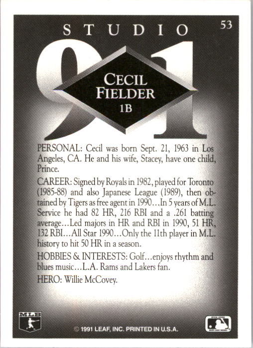 1991 Studio #53 Cecil Fielder back image