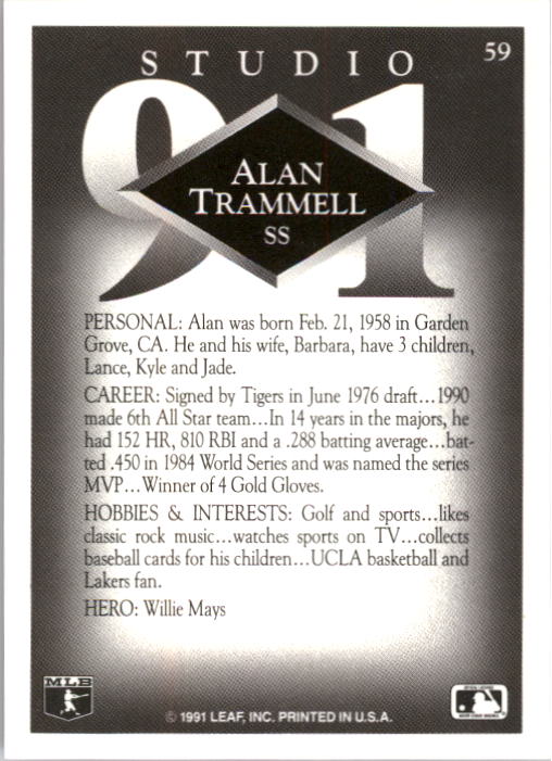 1991 Studio #59 Alan Trammell back image