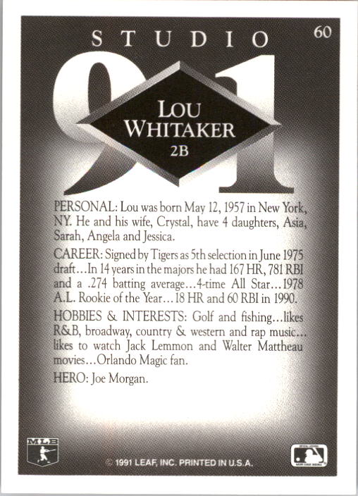 1991 Studio #60 Lou Whitaker back image