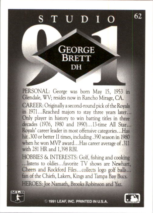 1991 Studio #62 George Brett back image