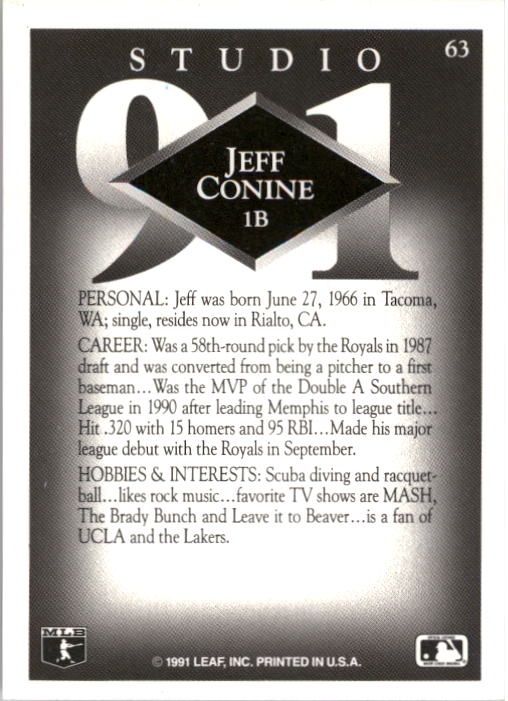 1991 Studio #63 Jeff Conine RC back image