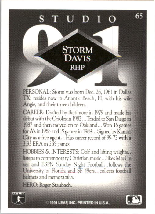 1991 Studio #65 Storm Davis back image