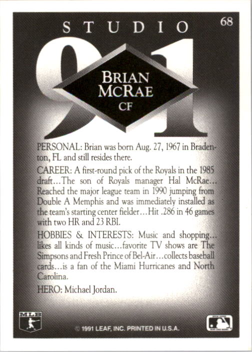 1991 Studio #68 Brian McRae RC back image