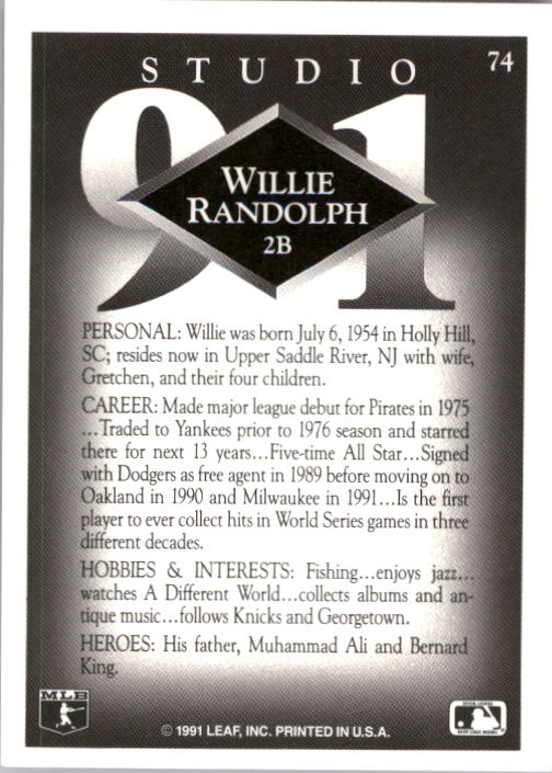 1991 Studio #74 Willie Randolph back image