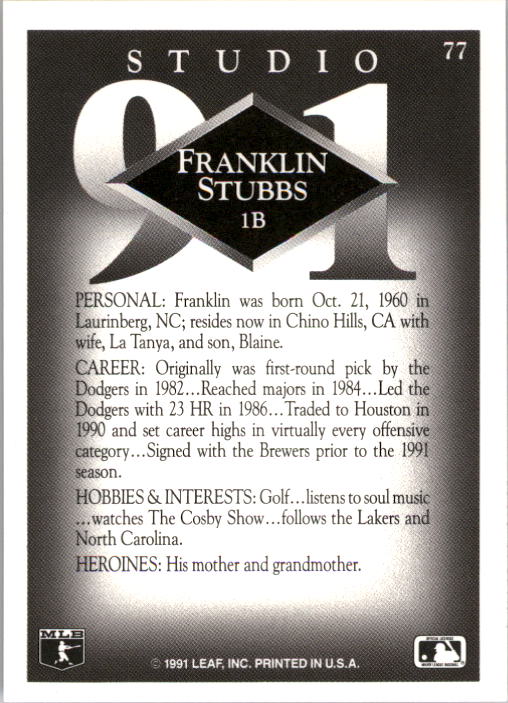 1991 Studio #77 Franklin Stubbs back image