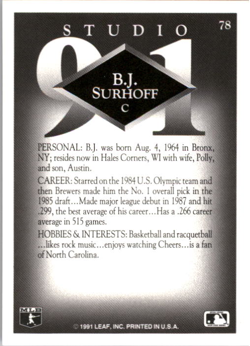1991 Studio #78 B.J. Surhoff back image